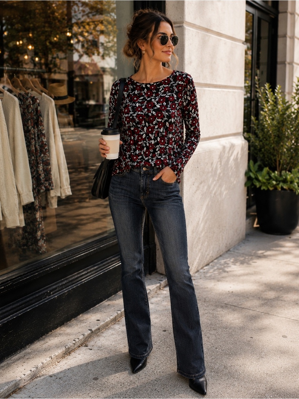 J Jill Floral Red Black Velvet Top Size medium Petite Chicos Jeans Size 6 short